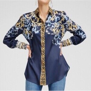 Chico's Ruched Cuff Placed Print Button Down Tunic Blouse Size Navy Size 16 (3)